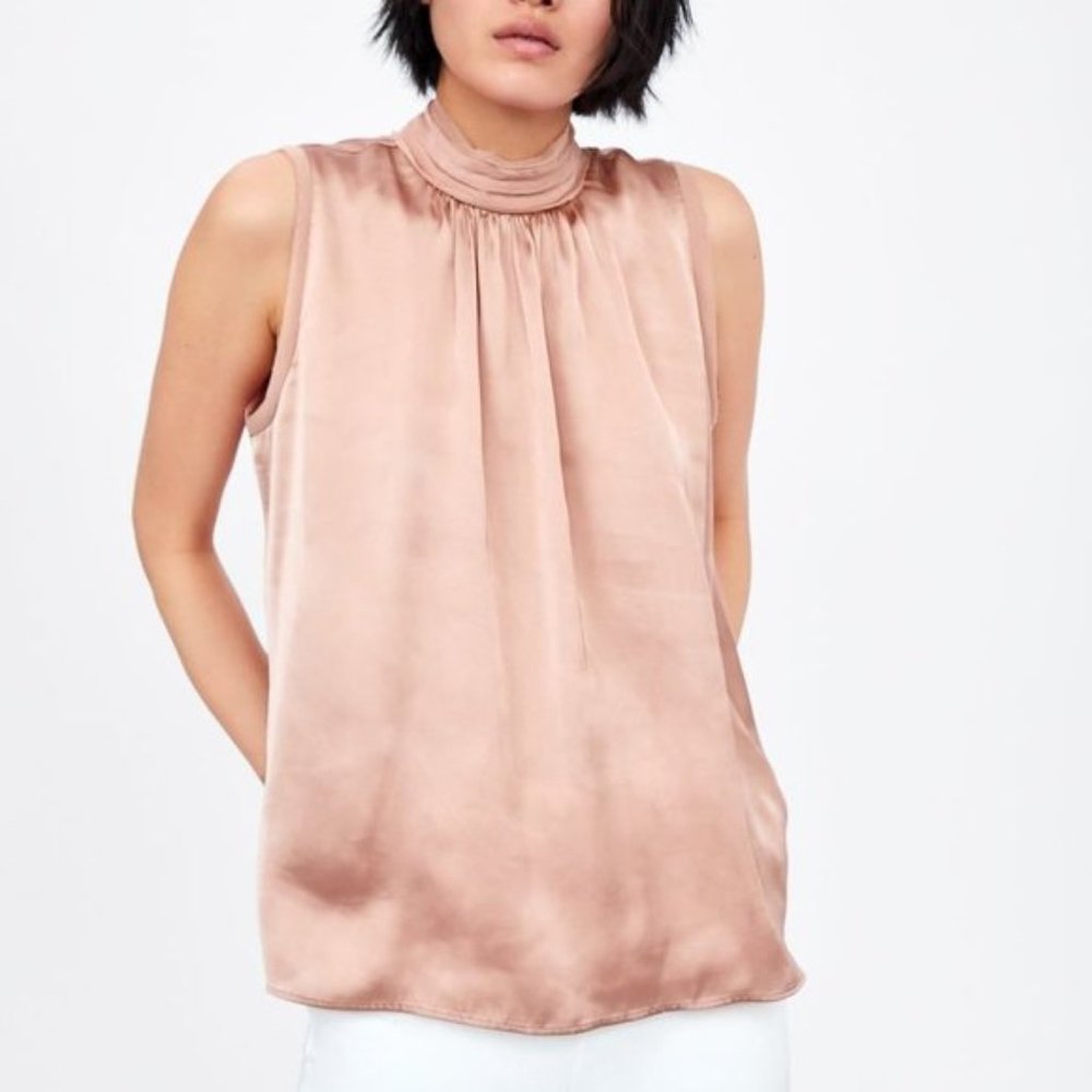 Zara Pink High Neck Sleeveless Satin Blouse